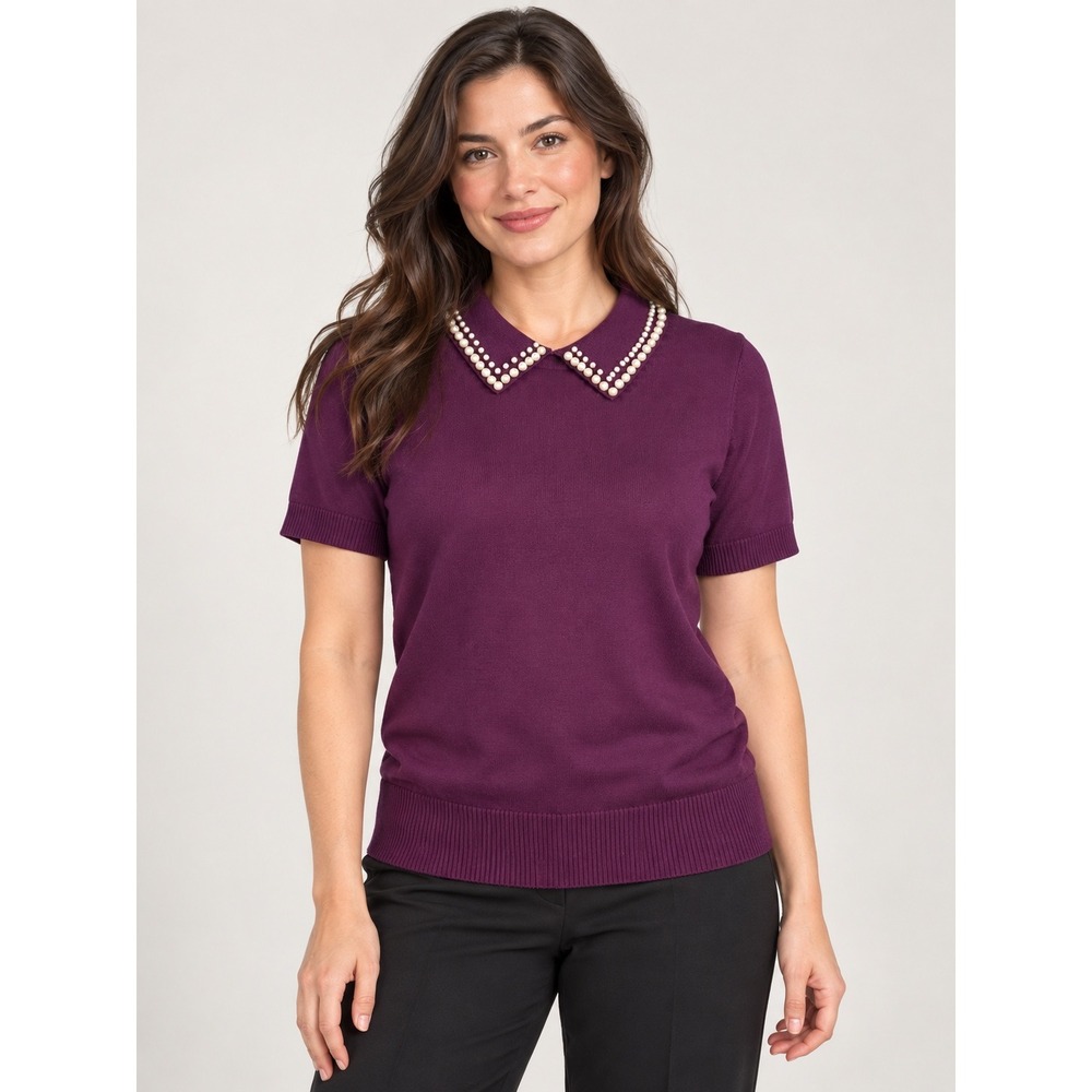 Luna Sweater Short Sleeve Pearl Collar Fall Knit Preppy Coquette Purple Women L